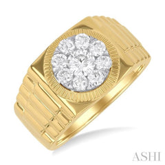 1.00 ctw Flat Top Lovebright Round Cut Diamond Men's Ring in 10K Yellow and White Gold