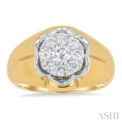 1.00 ctw Floral Center Lovebright Round Cut Diamond Men's Ring in 10K Yellow and White Gold