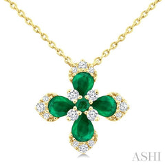 4x3 MM Pear and 2 MM Round Emerald and 1/6 Ctw Round Cut Diamond Floral Blossom Precious Pendant With Chain in 14K Yellow Gold
