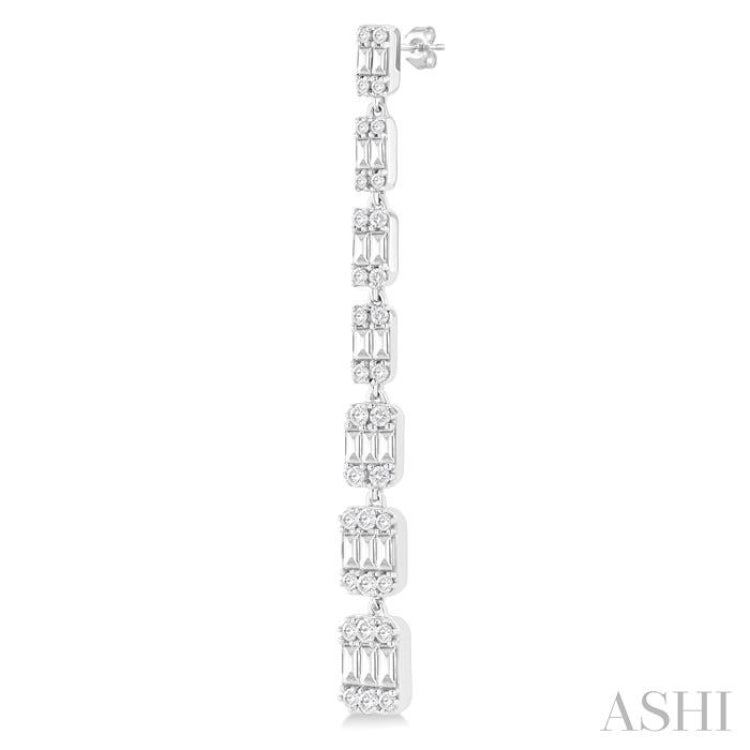 1 1/2 ctw Fusion Baguette and Round Cut Diamond Fashion Long Earring in 14K White Gold