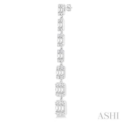 1 1/2 ctw Fusion Baguette and Round Cut Diamond Fashion Long Earring in 14K White Gold