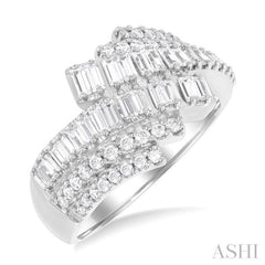 1.00 ctw Triple Row Bypass Fusion Baguette and Round Cut Diamond Fashion Ring in 14K White Gold