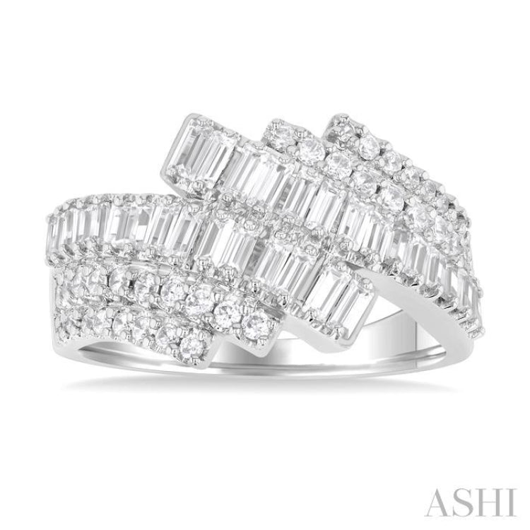 1.00 ctw Triple Row Bypass Fusion Baguette and Round Cut Diamond Fashion Ring in 14K White Gold