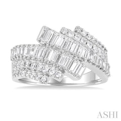 1.00 ctw Triple Row Bypass Fusion Baguette and Round Cut Diamond Fashion Ring in 14K White Gold