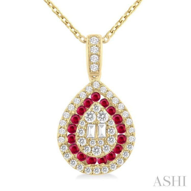 1.25 MM & 1.45 MM Pear Shape Ruby and 1/4 ctw Baguette and Round Cut Diamond Precious Pendant With Chain in 14K Yellow Gold