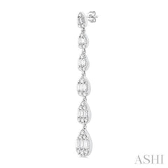 1 1/2 ctw Pear Shape Fusion Baguette and Round Cut Diamond Fashion Long Earring in 14K White Gold