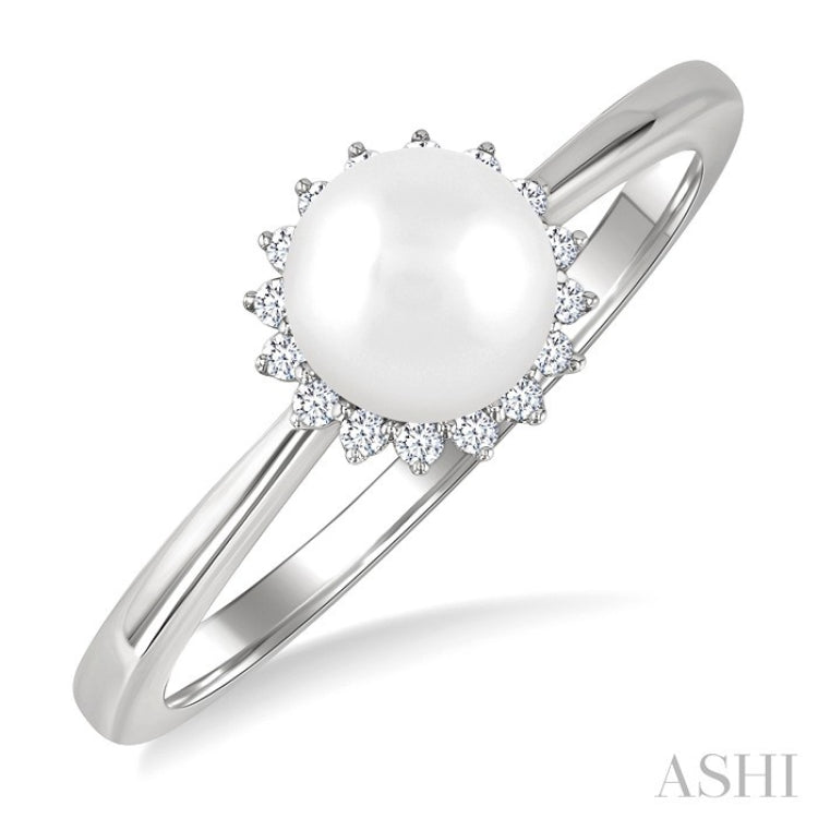 6 MM Round Shape Cultured Pearl and 1/10 Ctw Petite Round Cut Diamond Floral Halo Fashion Ring in 10K White Gold