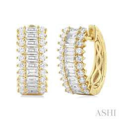 1 1/3 ctw Horizontal Layout Baguette and Round Cut Diamond Fashion Huggie Earrings in 14K Yellow Gold