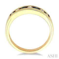 2.5 MM Round Cut Sapphire and 1/5 ctw Channel Set Round Cut Diamond Band in 14K Yellow Gold