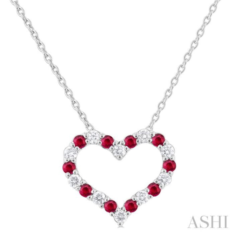 1.4 MM Round Cut Ruby and 1/8 ctw Open Heart Round Cut Diamond Precious Fashion Pendant With Chain in 14K White Gold