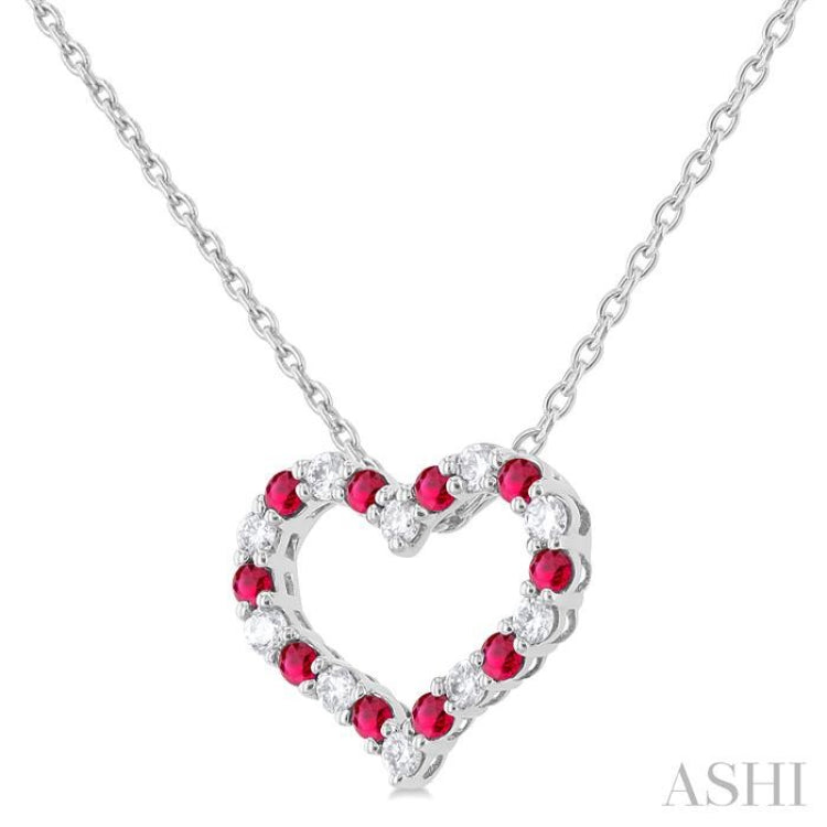 1.4 MM Round Cut Ruby and 1/8 ctw Open Heart Round Cut Diamond Precious Fashion Pendant With Chain in 14K White Gold