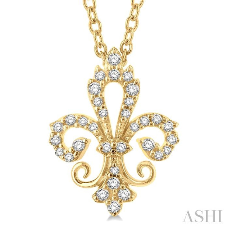 1/6 ctw Petite Carved Fleur De Lis Round Cut Diamond Fashion Pendant With Chain in 10K Yellow Gold