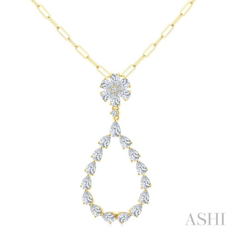 1 7/8 Ctw Floral Open Window Pear and Round Cut Diamond Dangle Fashion Pendant With Chain in 14K Yellow Gold
