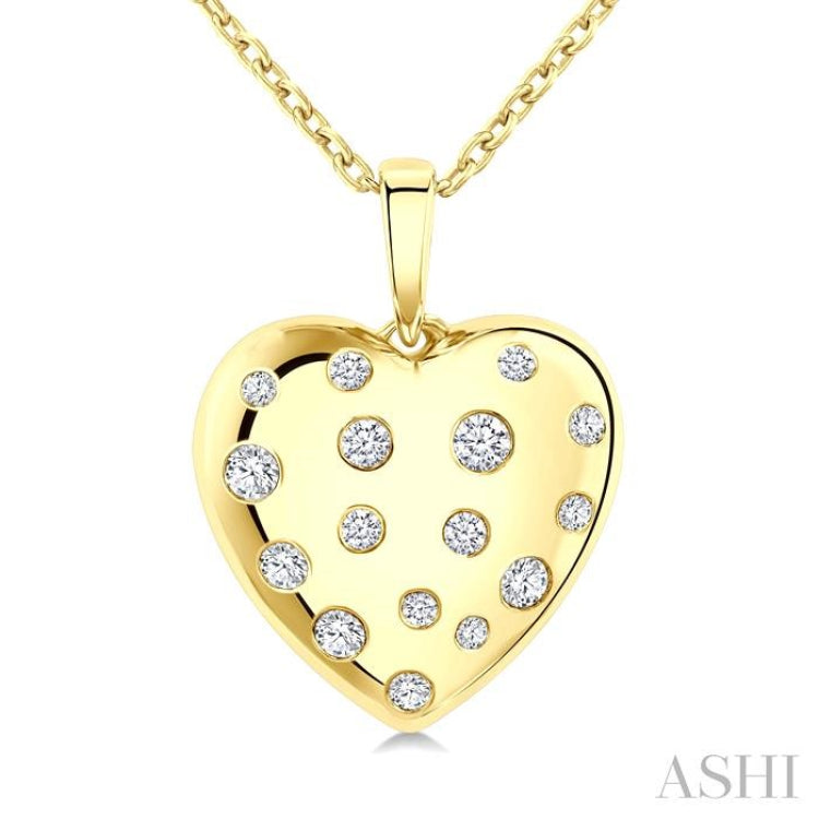 1/6 Ctw Bold Puffed Heart Round Cut Diamond Sprinkled Fashion Pendant With Chain in 10K Yellow Gold