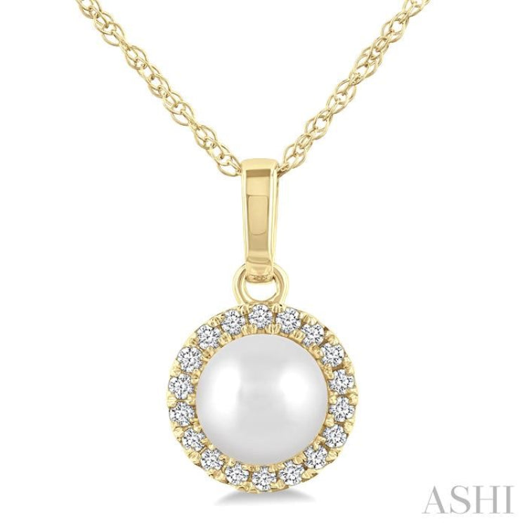 5 MM White Cultured Pearl and 1/20 Ctw Round Cut Diamond Halo Pendant With Chain in 10K Yellow Gold