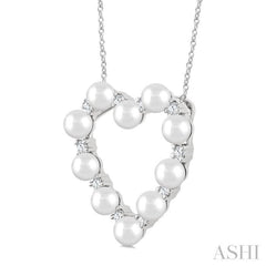 4 MM Round Shape Cultured Pearl and 1/3 Ctw Round Cut Diamond Heart Shape Pendant With Chain in 14K White Gold