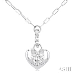 1/4 Ctw Dome Heart and Round Cut Diamond Fashion Pendant With Paper Clip Chain in 14K White Gold