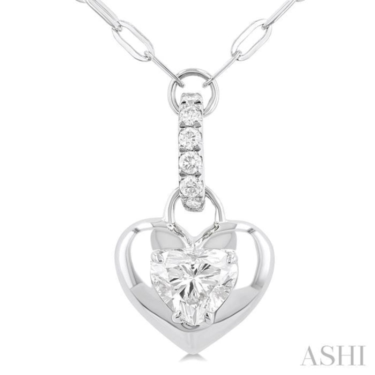 1/4 Ctw Dome Heart and Round Cut Diamond Fashion Pendant With Paper Clip Chain in 14K White Gold