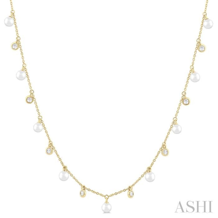 4 MM Round Shape Cultured Pearl and 1/4 Ctw Round Cut Diamond Station Necklace in 14K Yellow Gold